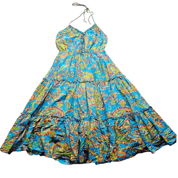 Dresses & Skirts - Nine West Dress Blue Paisley Silk Blend Halter Maxi Dress 12 Boho Tiered Ruffle